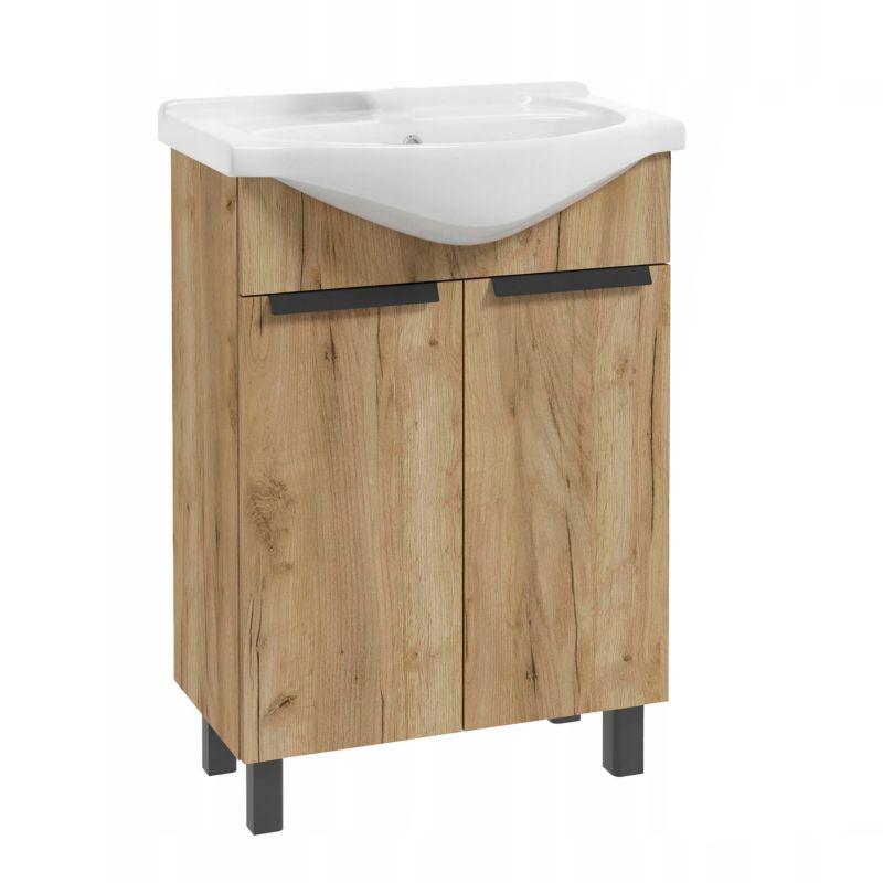 Szafka Stamar do Łazienki Dąb Złoty z Umywalką Stojąca 600 mm Uchwyty Czarne Metalowe 1 szt