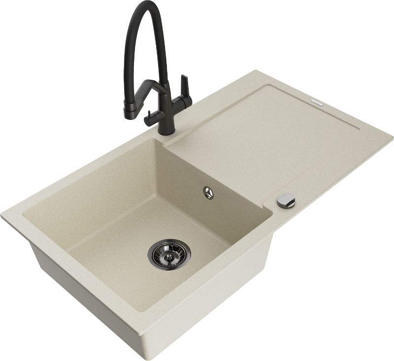 Zlewozmywak granitowy Mexen Leo 1-komorowy z ociekaczem i baterią kuchenną Duo beżowy - 6501-69-671701-57-G 1 szt.