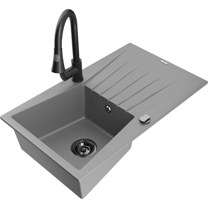 Zlewozmywak granitowy 1-komorowy Mexen Cesar z ociekaczem i baterią kuchenną Elia szary - 6514-71-670101-71 1 szt.