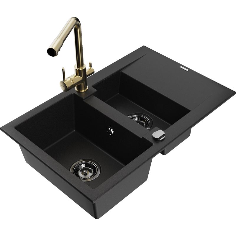 Zlewozmywak granitowy 1.5-komorowy Mexen Gaspar z ociekaczem i baterią kuchenną Duero czarny 6507-77-671600-50-B