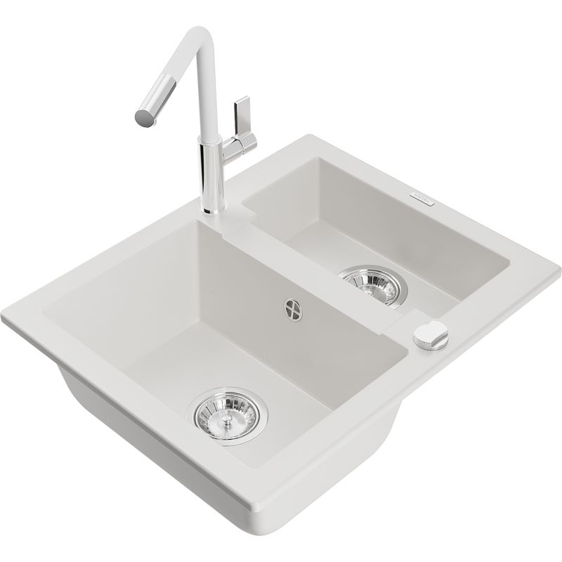 Zlewozmywak granitowy 1.5-komorowy Mexen Carlos z baterią kuchenną Flora biały 6518-20-670401-02