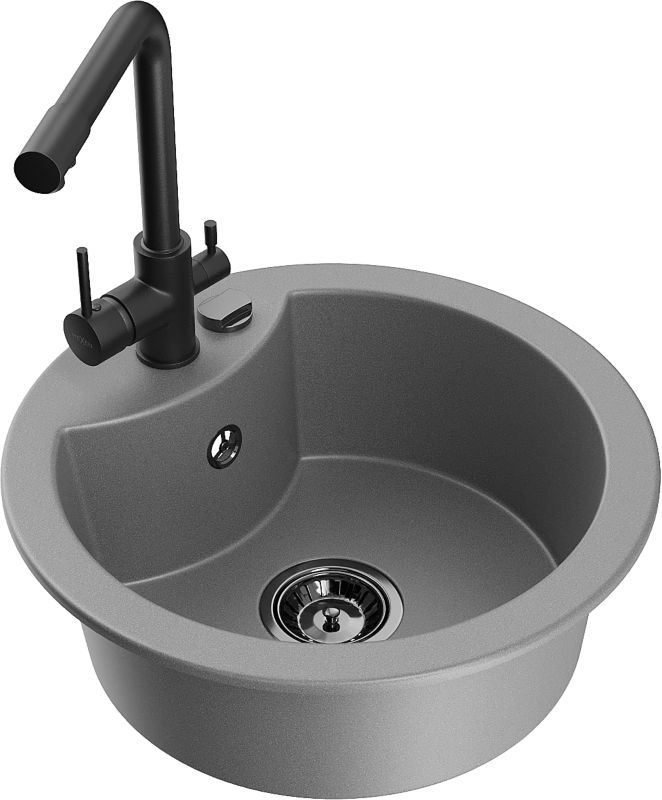 Zlewozmywak granitowy Mexen Diego 1-komorowy z baterią kuchenną Duero szary 6512-71-671600-70-B