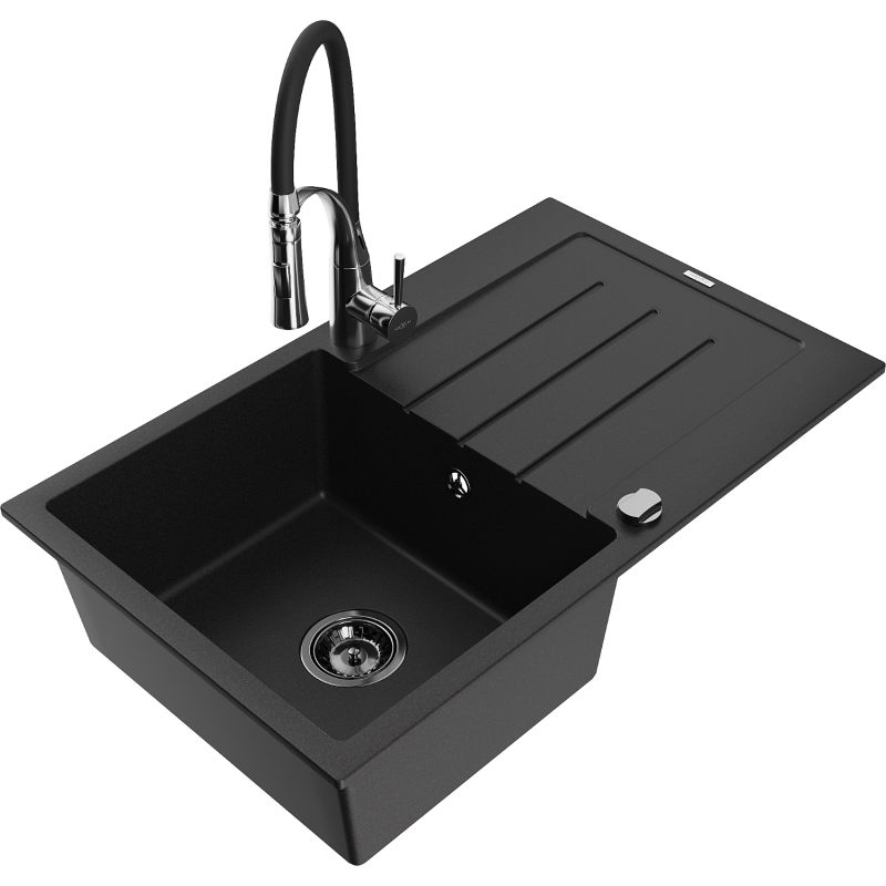 Zlewozmywak granitowy 1-komorowy Mexen Bruno z ociekaczem i baterią kuchenną Aster czarny 6513-77-73450-07-B