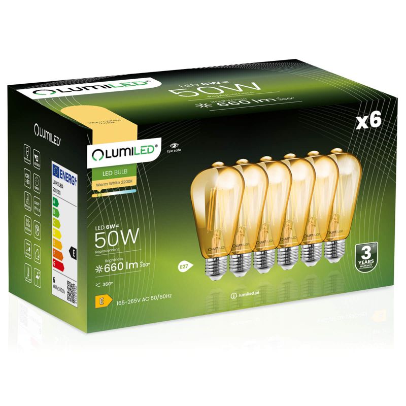 Żarówka LED LUMILED E27 ST64 6W 660lm 2000K 360st AMBER FILAMENT 6 szt.