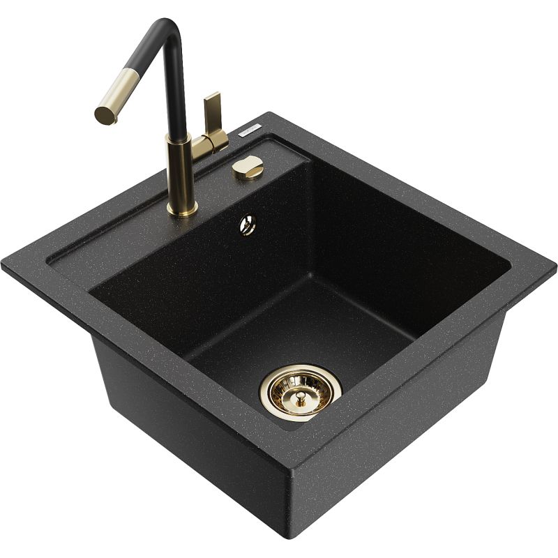 Zlewozmywak granitowy 1-komorowy Mexen Vito z baterią kuchenną Flora czarny/srebrny metalik - 6503-73-670401-70-B 1 szt.