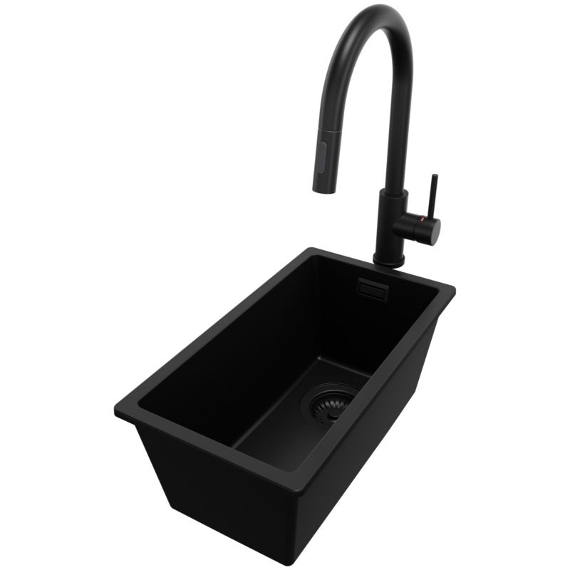 Zlewozmywak Granitowy Londyn Slim PRIMAGRAN Nablatowy 26x47cm do szafki od 30cm, Cały Czarny + Bateria + Syfon, 1 szt.