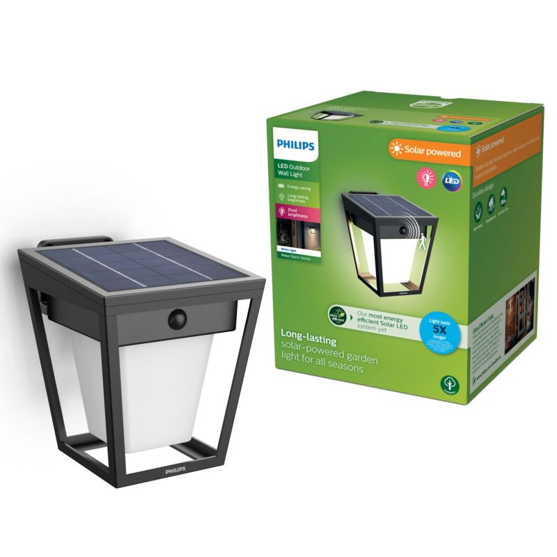 Kinkiet Ogrodowy Philips Lampa Solarna Elewacyjna Zewnętrzna LED 1.8W 250lm 3000K IP44 Czujnik Ruchu i Zmierzchu Czarna 1 szt.