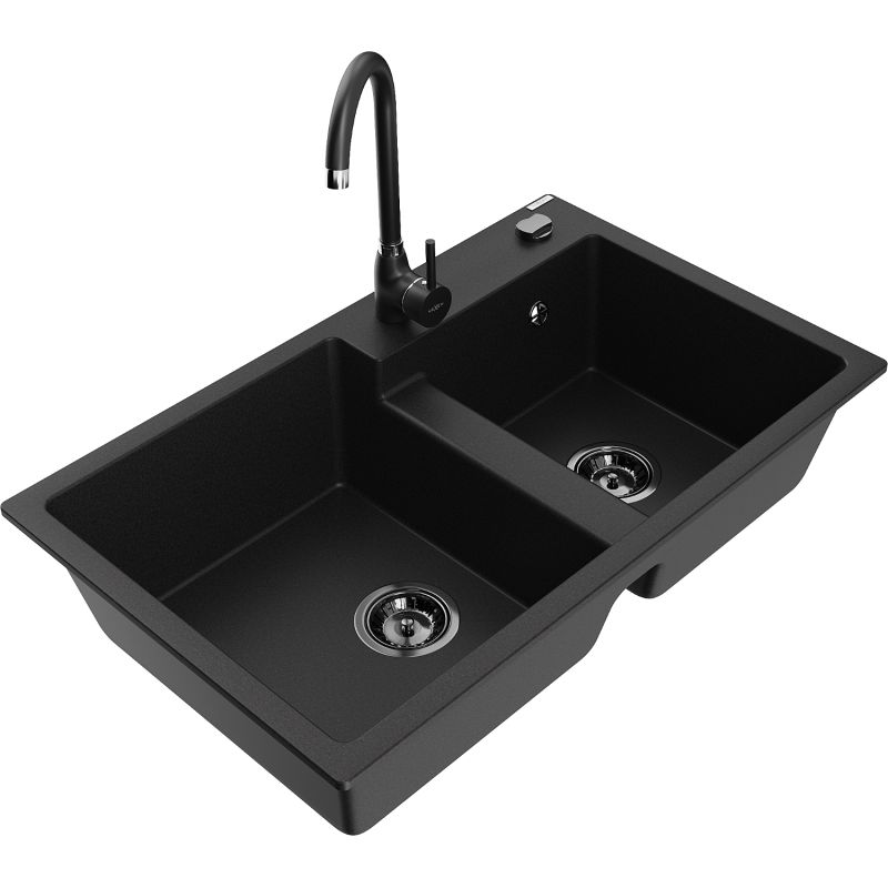 Zlewozmywak granitowy 2-komorowy Mexen Tomas z baterią kuchenną Telma czarny nakrapiany - 6516-76-670200-76 1 szt.