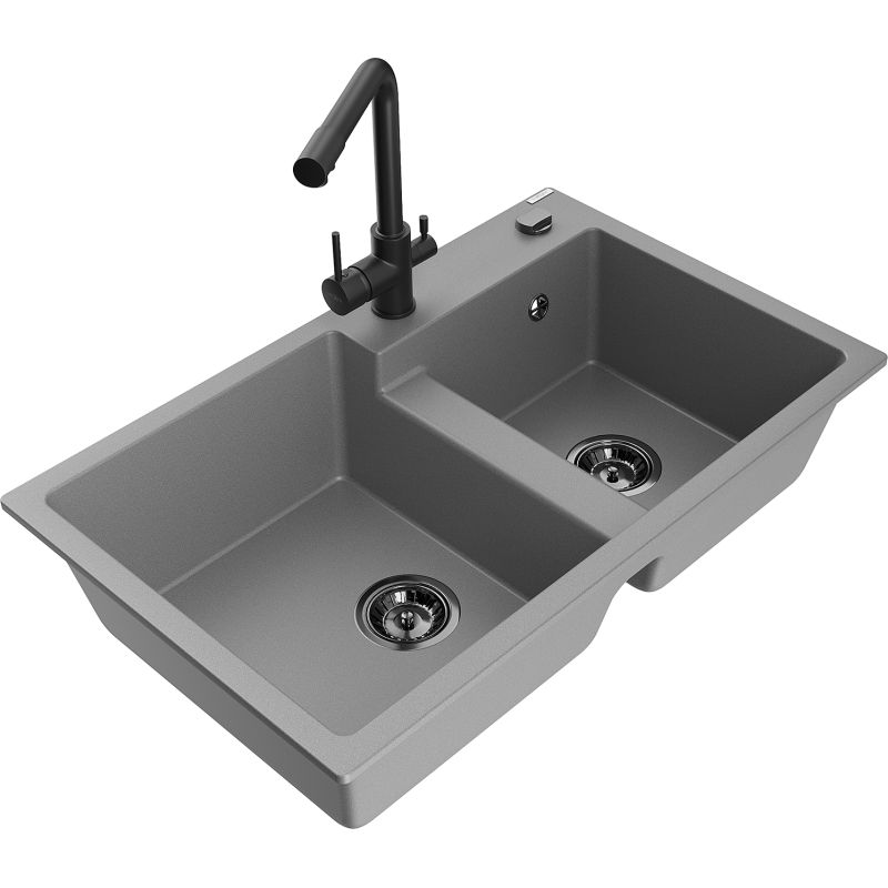 Zlewozmywak granitowy 2-komorowy Mexen Tomas z baterią kuchenną Duero szary - 6516-71-671600-50 1 szt.