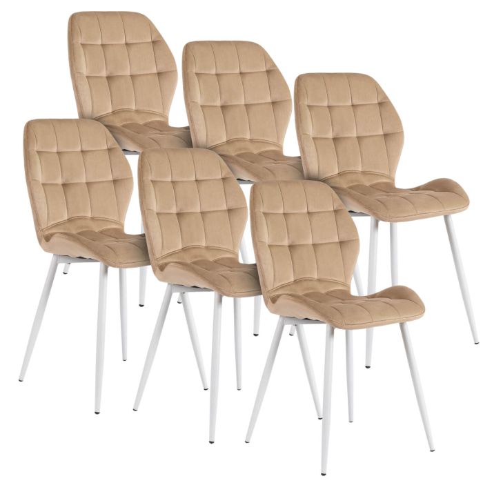 Zestaw 6x Krzesło Mebel Elite Tapicerowane Lucky Welurowe Do Jadalni Beżowe z Białymi Nogami 1 kpl