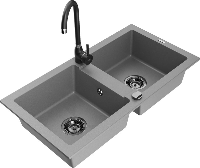 Zlewozmywak granitowy Mexen Mario 2-komorowy z baterią kuchenną Telma szary 6504-71-670200-70-B