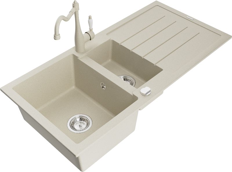 Zlewozmywak granitowy Mexen Andres 1,5-komorowy z ociekaczem i baterią kuchenną Carla beżowy 6515-69-670700-69