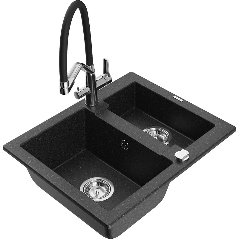 Zlewozmywak granitowy 1.5-komorowy Mexen Carlos z baterią kuchenną Duo czarny/srebrny metalik 6518-73-671701-07