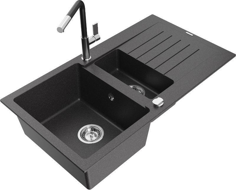 Zlewozmywak granitowy Mexen Matias 1,5-komorowy z ociekaczem i baterią kuchenną Flora czarny 6502-76-670401-07