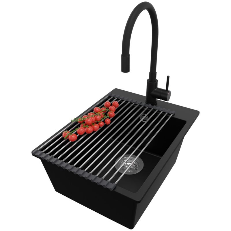 Zlewozmywak Granitowy Ryga PRIMAGRAN Nablatowy 38x50cm do szafki od 40cm z Syfonem i Baterią i Dodatkiem Czarny 1 szt.