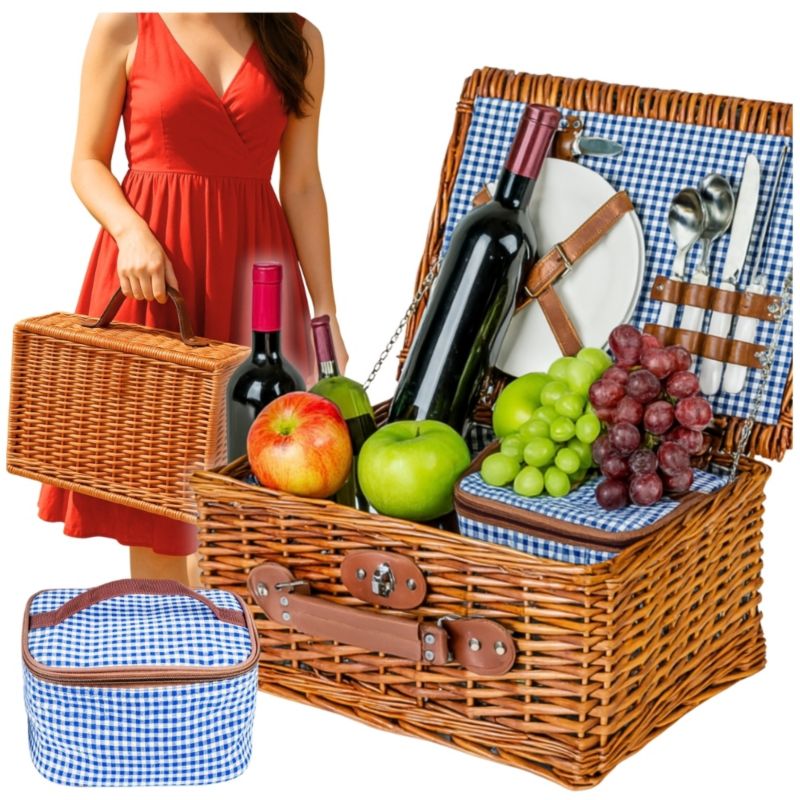 Kosz Piknikowy Koszyk Wiklina Termotorba Sztućce Talerze Dla 2 Osób Walizka