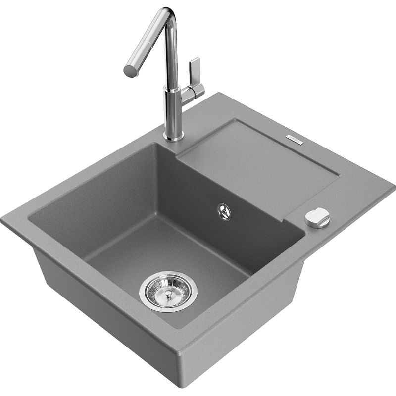 Zlewozmywak granitowy 1-komorowy Mexen Enzo z ociekaczem i baterią kuchenną Flora szary 6506-71-670401-00