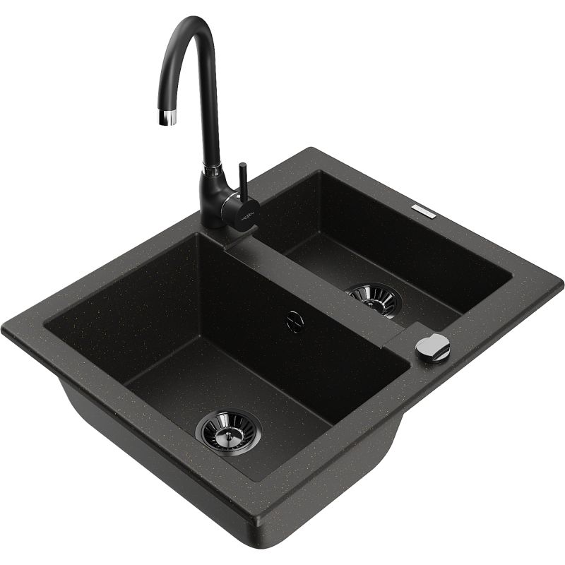 Zlewozmywak granitowy 1.5-komorowy Mexen Gaspar z ociekaczem i baterią kuchenną Aster czarny - 6507-77-73450-70-B 1 szt.
