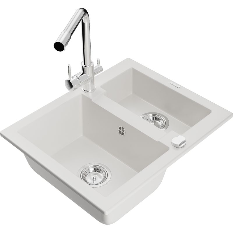 Zlewozmywak granitowy 1.5-komorowy Mexen Carlos z baterią kuchenną Duero biały 6518-20-671600-00