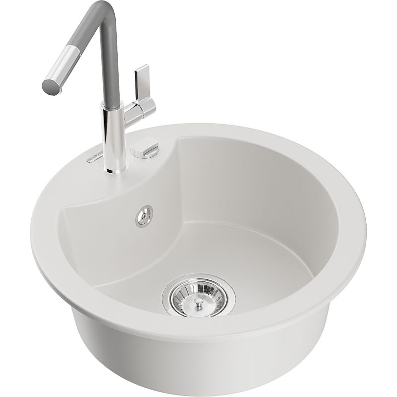 Zlewozmywak granitowy 1-komorowy Mexen Diego z baterią kuchenną Flora biały 6512-20-670401-06