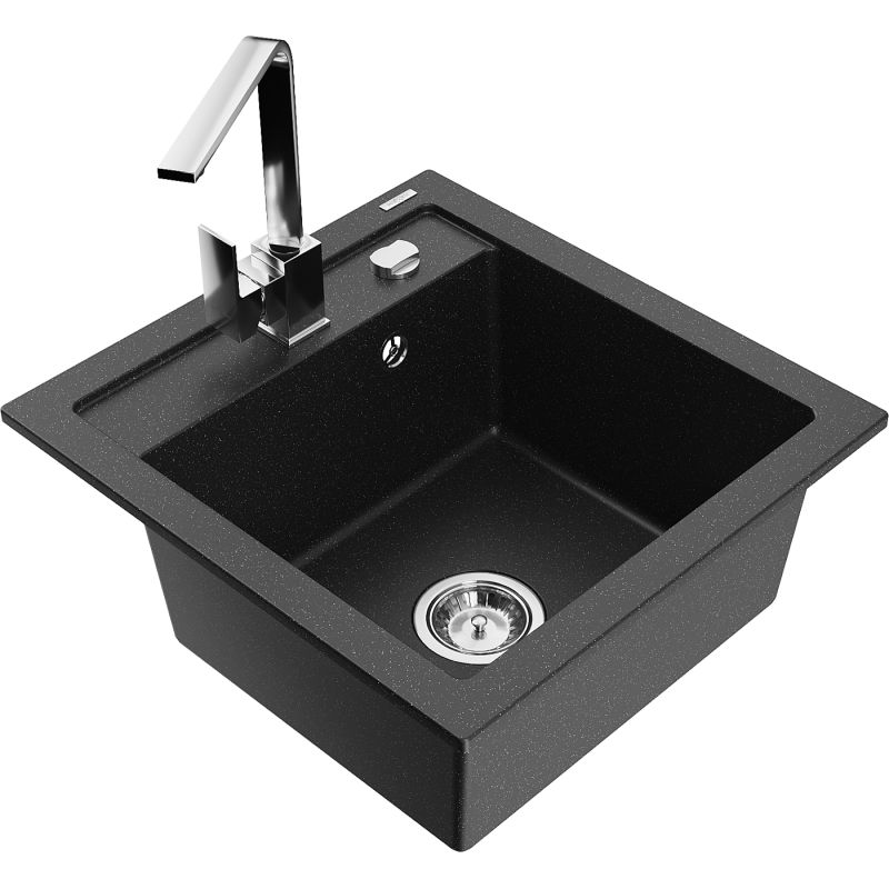 Zlewozmywak granitowy 1-komorowy Mexen Vito z baterią kuchenną Rita czarny/srebrny metalik 6503-73-670300-00