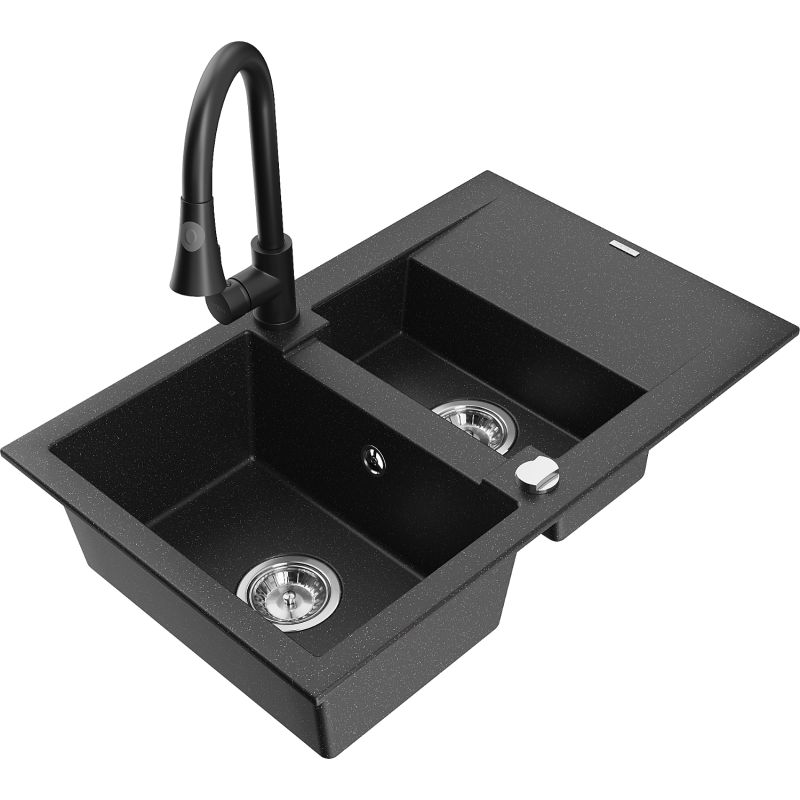 Zlewozmywak granitowy 1.5-komorowy Mexen Gaspar z ociekaczem i baterią Elia czarny/złoty metalik - 6507-75-670101-70-B 1 szt.