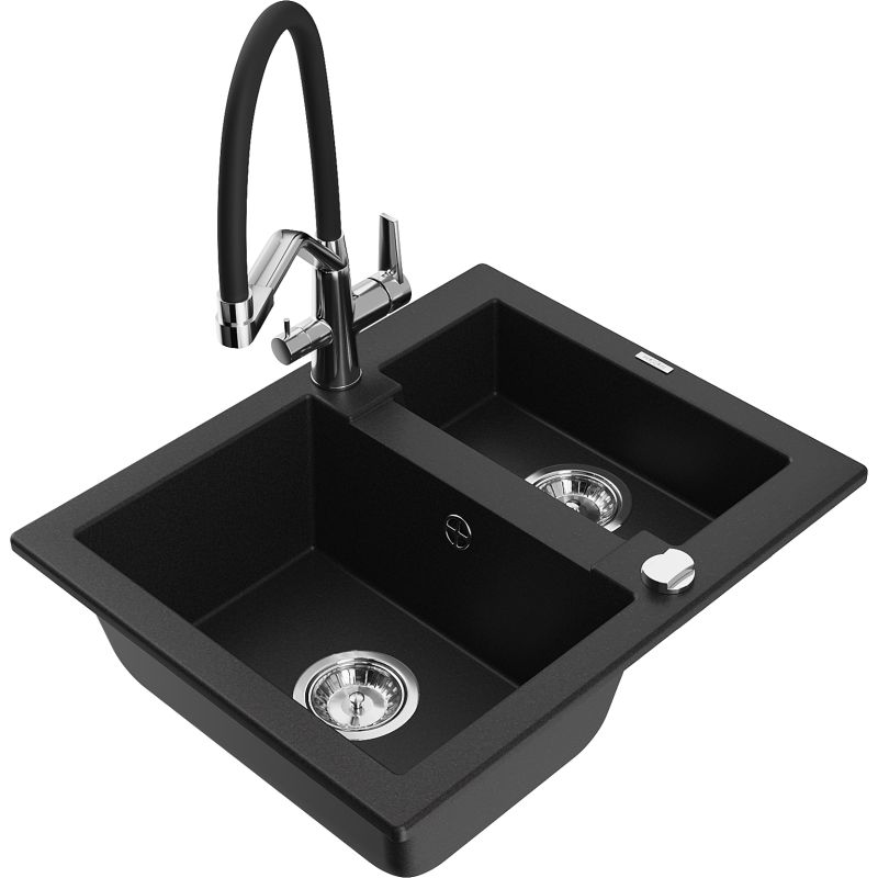 Zlewozmywak granitowy 1.5-komorowy Mexen Carlos z baterią kuchenną Duo czarny 6518-77-671701-07