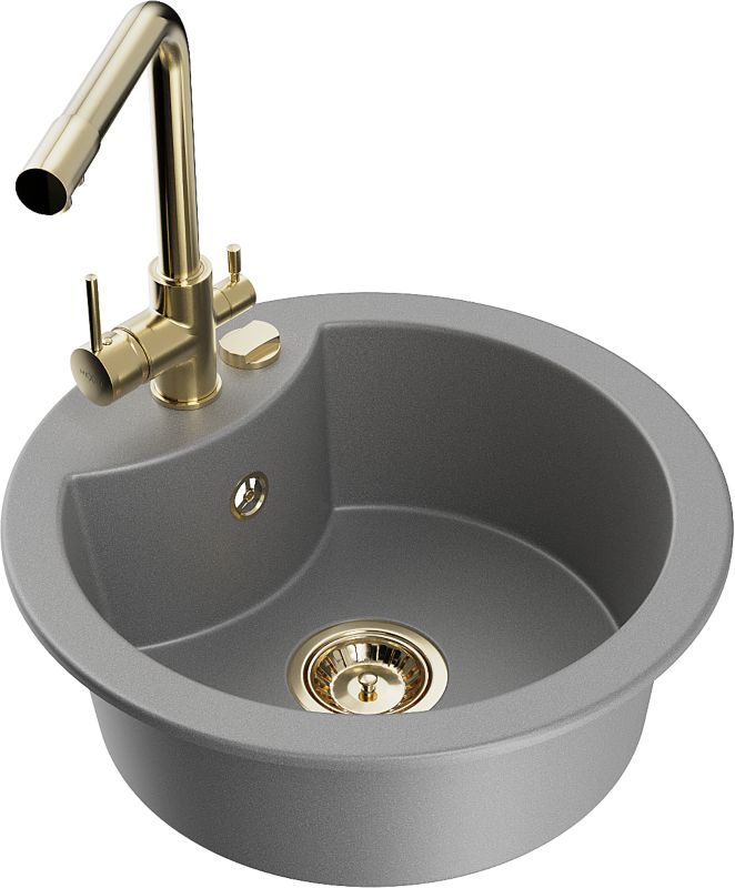 Zlewozmywak granitowy Mexen Diego 1-komorowy z baterią kuchenną Duero szary 6512-71-671600-50