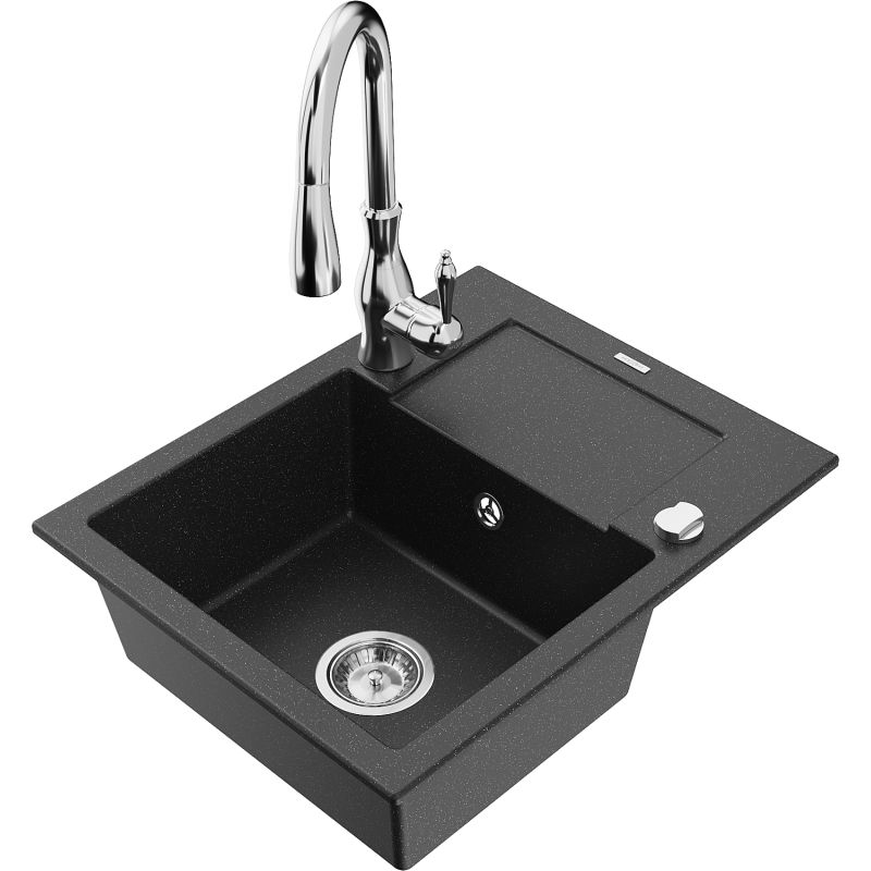 Zlewozmywak granitowy 1-komorowy Mexen Enzo z ociekaczem i baterią Savita czarny/srebrny metalik - 6506-73-672601-70 1 szt.