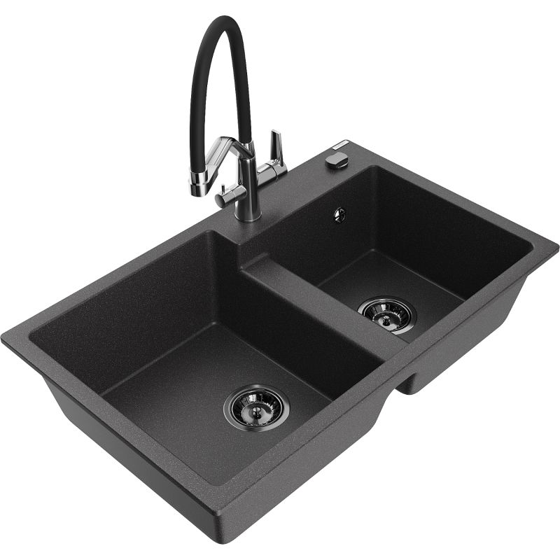 Zlewozmywak granitowy 2-komorowy Mexen Tomas z baterią kuchenną Duo czarny nakrapiany 6516-76-671701-07-B
