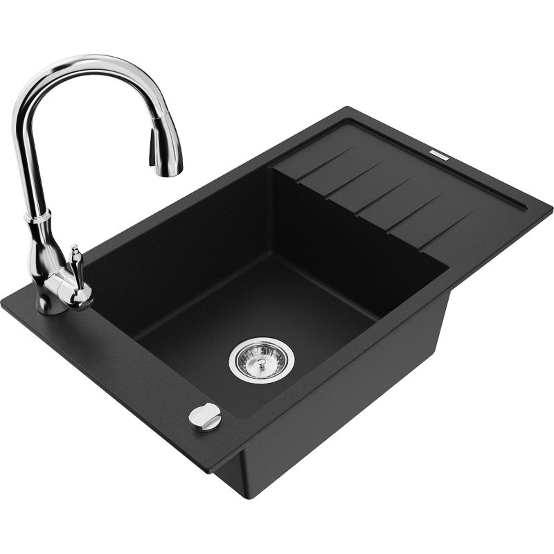 Zlewozmywak granitowy 1-komorowy Mexen Elias z ociekaczem i baterią kuchenną Savita czarny - 6511-77-672601-70 1 szt.
