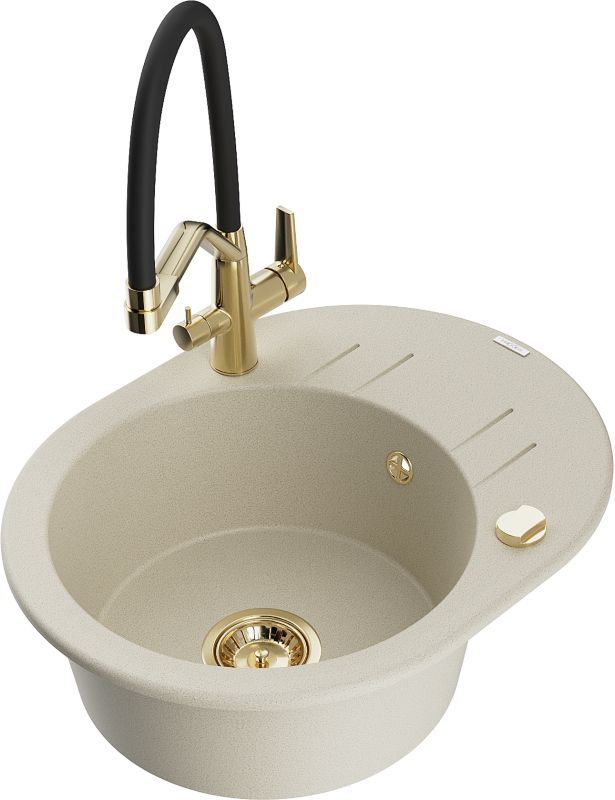 Zlewozmywak granitowy Mexen Kevin 1-komorowy z baterią kuchenną Duo beżowy 6517-69-671701-57-G