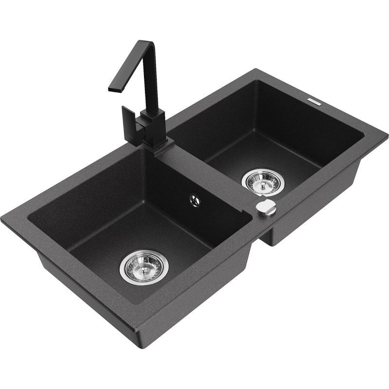 Zlewozmywak granitowy 2-komorowy Mexen Mario z baterią kuchenną Rita czarny nakrapiany - 6504-76-670300-70-B 1 szt.