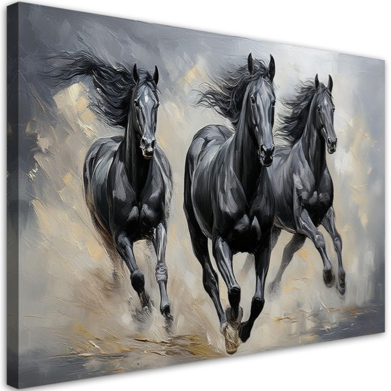 Obraz dekoracja do salonu sypialni Feeby Galopujące Czarne Konie 90x60 cm 1szt