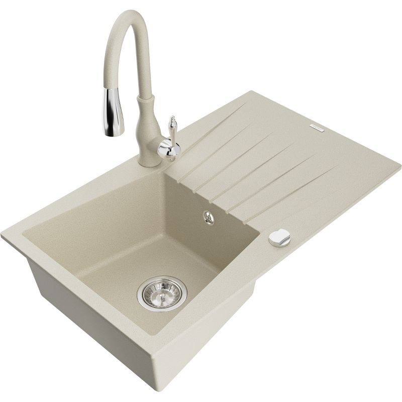 Zlewozmywak granitowy 1-komorowy Mexen Cesar z ociekaczem i baterią kuchenną Savita beżowy 6514-69-672601-69