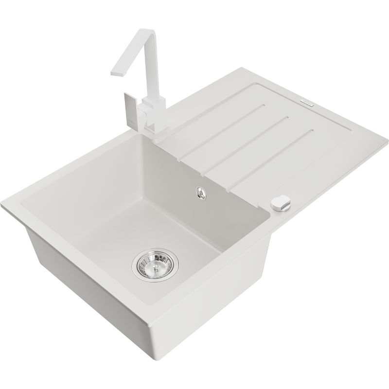 Zlewozmywak granitowy 1-komorowy Mexen Bruno z ociekaczem i baterią kuchenną Rita biały 6513-20-670300-20