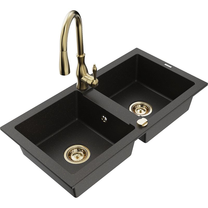 Zlewozmywak granitowy 2-komorowy Mexen Mario z baterią kuchenną Savita czarny/złoty metalik 6504-75-672601-50