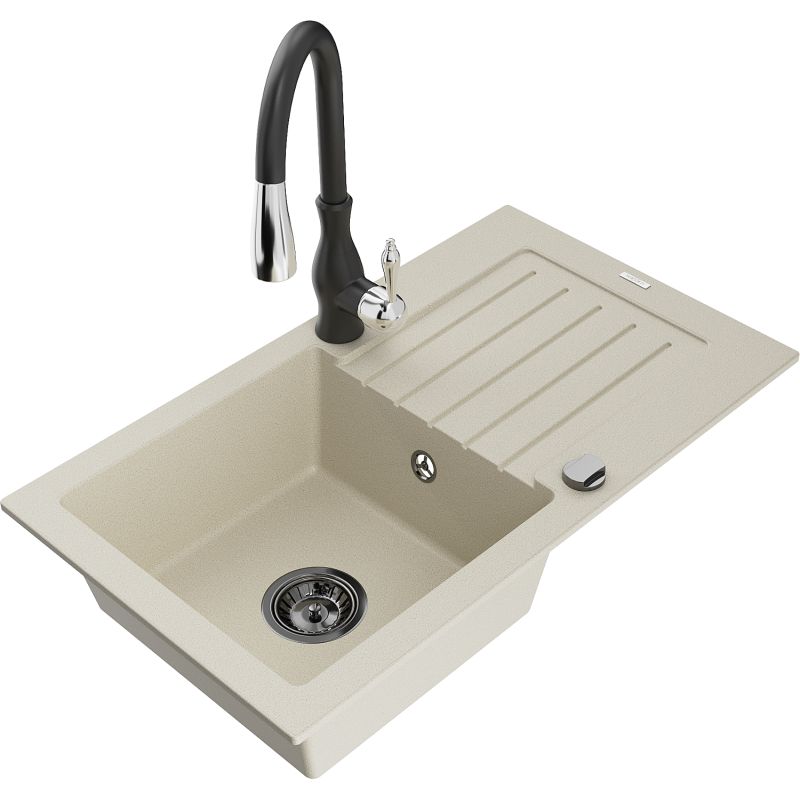 Zlewozmywak granitowy 1-komorowy Mexen Pablo z ociekaczem i baterią kuchenną Savita biały - 6510-20-672601-00 1 szt.