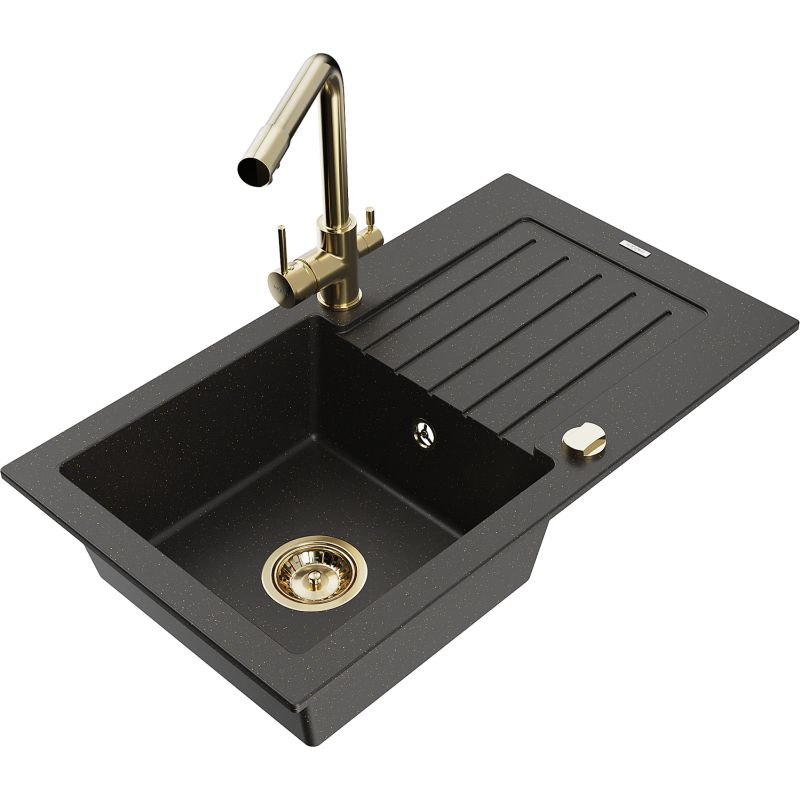 Zlewozmywak granitowy 1-komorowy Mexen Pablo z ociekaczem i baterią kuchenną Duero czarny/złoty metalik 6510-75-671600-50