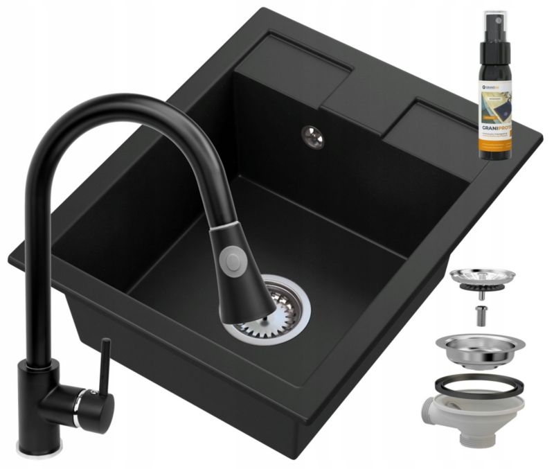 Zlew Granitowy Jednokomorowy Granitan Best Czarny Bateria Snake Czarna Syfon 1 kpt.