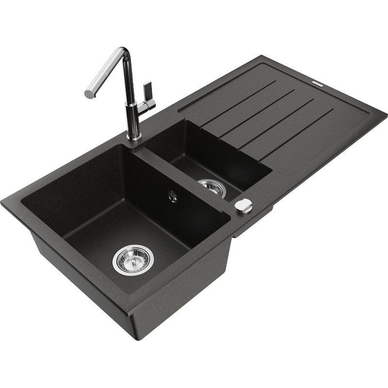 Zlewozmywak granitowy 1.5-komorowy Mexen Andres z ociekaczem i baterią kuchenną Flora czarny/złoty metalik 6515-75-670401-00