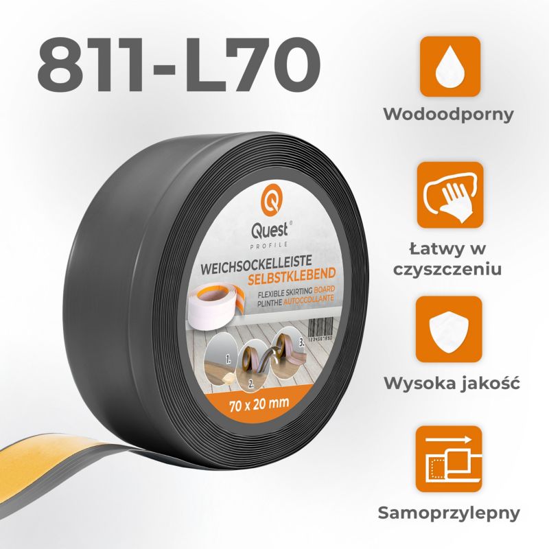 Listwa przypodłogowa PCV 70x20mm, QUEST, samoprzylepna elastyczna, miękka listwa podłogowa, cokołowa, ciemnoszary, 10m