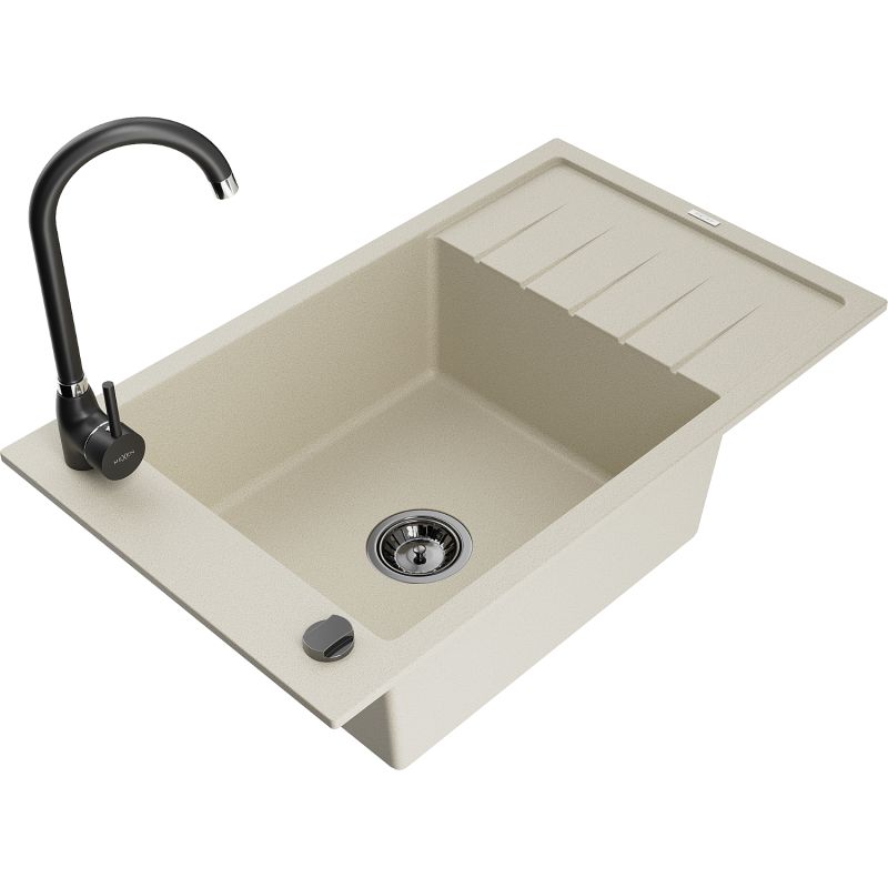 Zlewozmywak granitowy 1-komorowy Mexen Elias z ociekaczem i baterią kuchenną Telma beżowy - 6511-69-670200-50 1 szt.