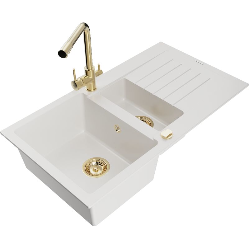 Zlewozmywak granitowy 1.5-komorowy Mexen Matias z ociekaczem i baterią kuchenną Duero biały 6502-20-671600-50