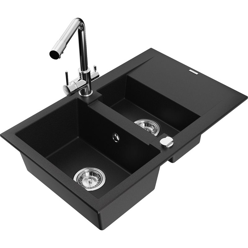 Zlewozmywak granitowy 1.5-komorowy Mexen Gaspar z ociekaczem i baterią kuchenną Duero czarny 6507-77-671600-00
