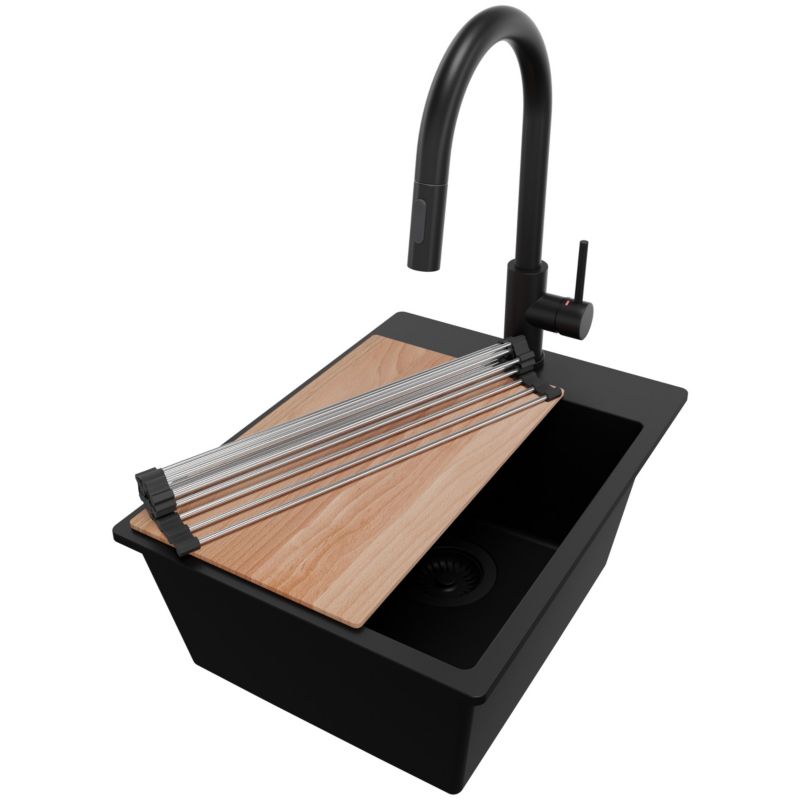 Zlewozmywak Granitowy Ryga PRIMAGRAN Nablatowy 38x50cm do szafki od 40cm z Syfonem i Baterią i Dodatkiem Cały Czarny 1 szt.