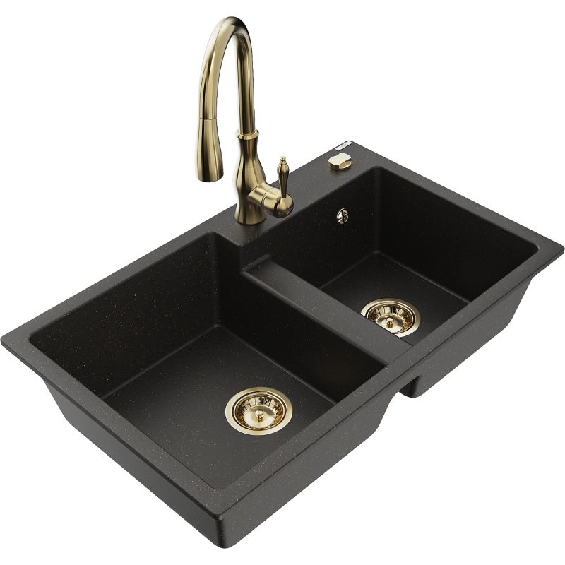 Zlewozmywak granitowy 2-komorowy Mexen Tomas z baterią kuchenną Savita czarny/złoty metalik 6516-75-672601-50