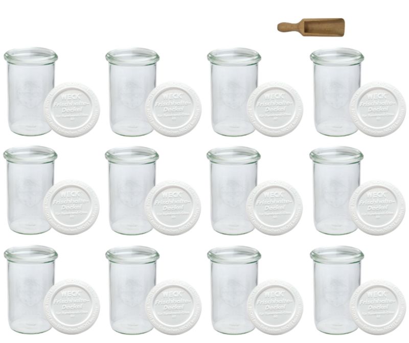 Słoiki MODO24 Weck 1050 ml fi 100 mold plastikowe wieka miarka 12 kpl.