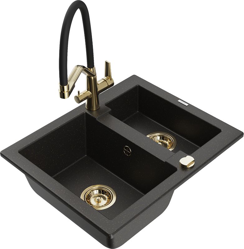 Zlewozmywak granitowy Mexen Carlos 1,5-komorowy z baterią kuchenną Duo czarny/złoty 6518-75-671701-57-G