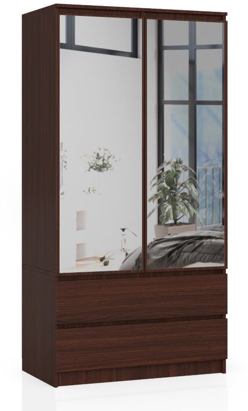 Szafa Akord S90 Wenge 90 cm z lustrem 2 drzwi 2 szuflady kolor Wenge mat 4 półki 90x51x180 cm 1 szt.